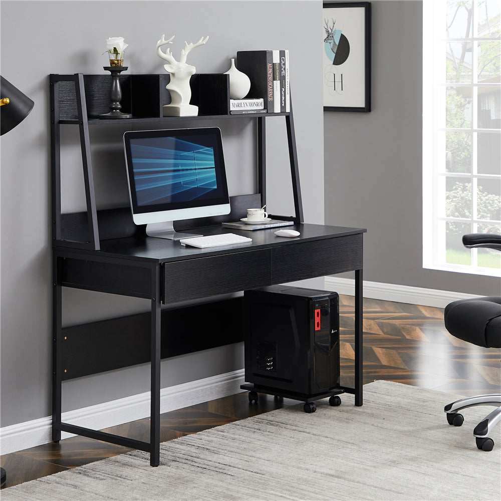 Black Home Office Computer Desk with Hutch/ Bookshelf, Desk with Space Saving Design