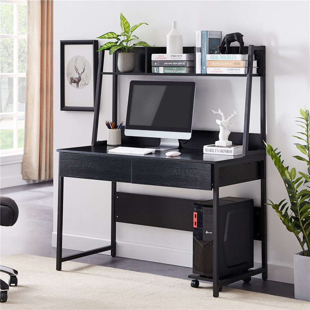 Dark Slate Gray Home Office Computer Desk with Hutch/ Bookshelf, Desk with Space Saving Design