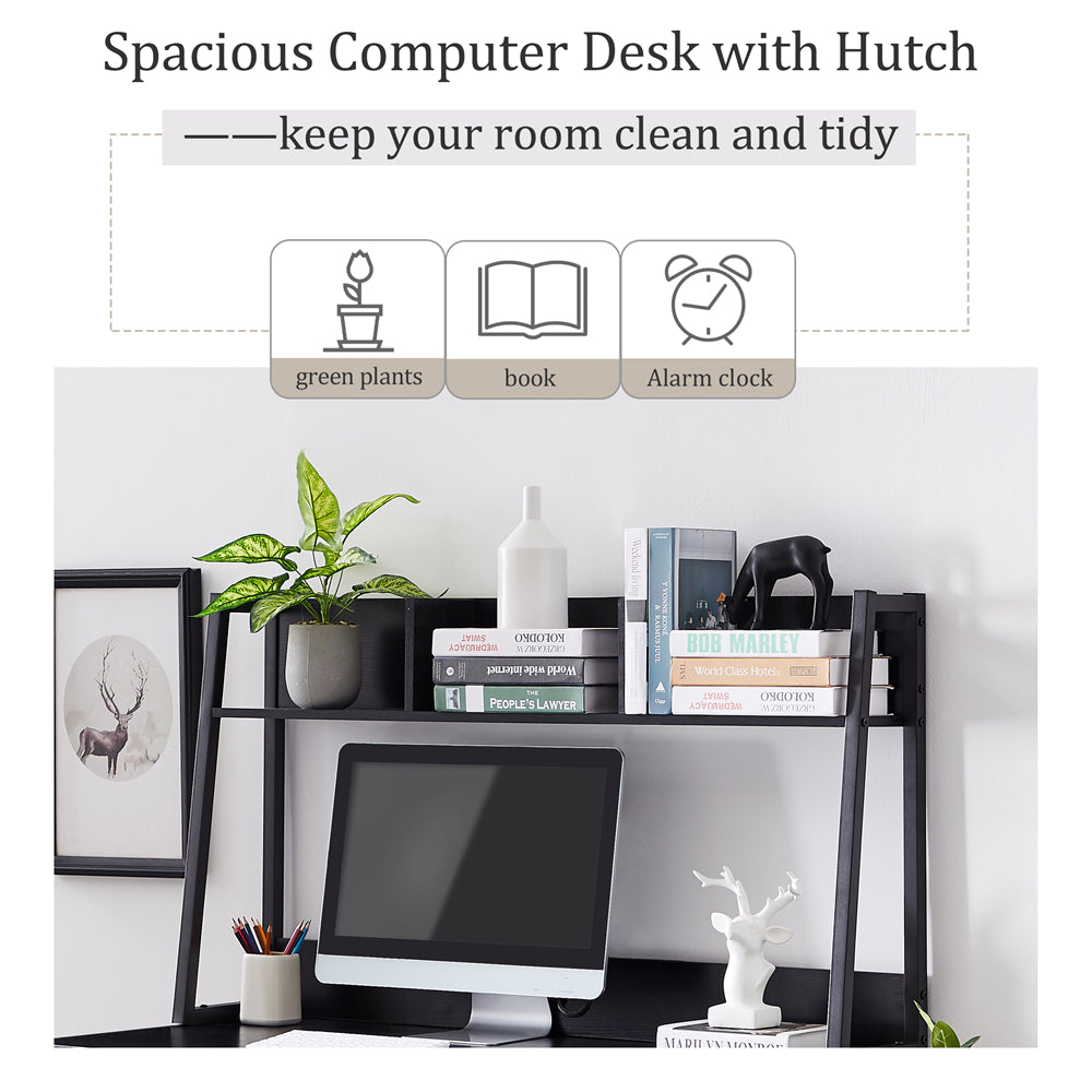 Home Office Computer Desk with Hutch/ Bookshelf, Desk with Space Saving Design Black
