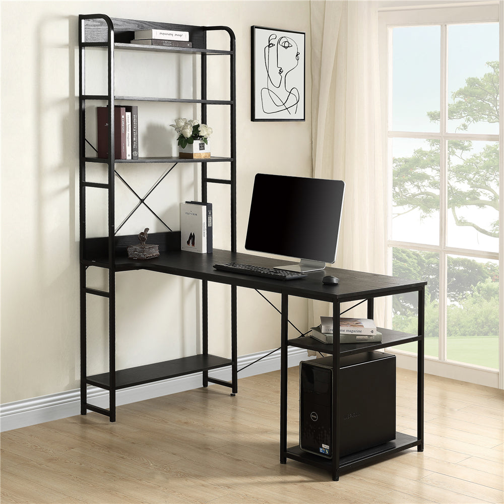 Black Computer Desk Steel Frame and MDF board/5 Tier Open Bookshelf/Plenty Storage Space