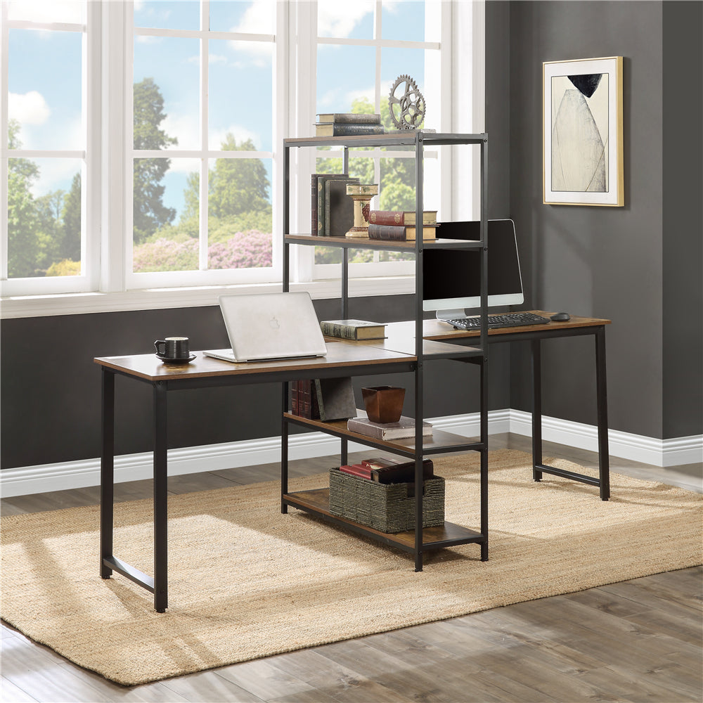 Dark Slate Gray Home Office Two Person Computer Desk with Storage Shelves Brown YL000002