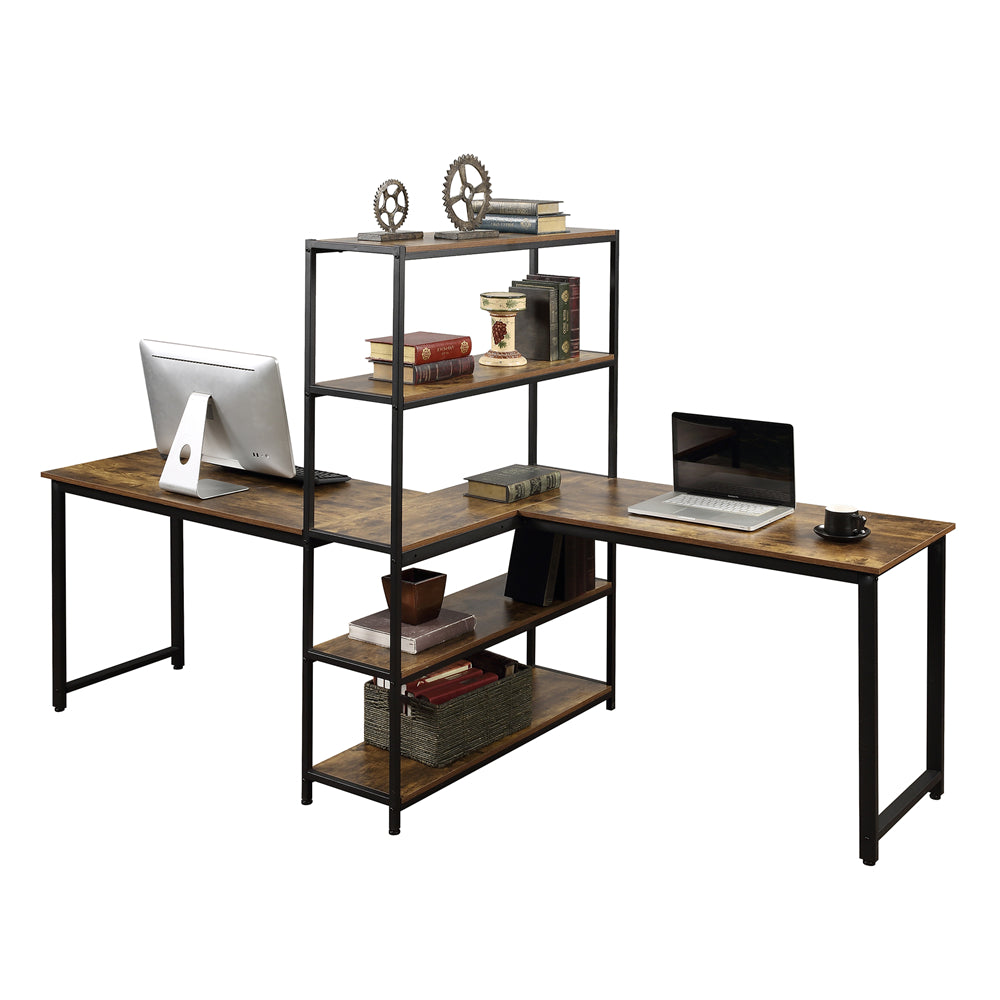Dim Gray Home Office Two Person Computer Desk with Storage Shelves Brown YL000002