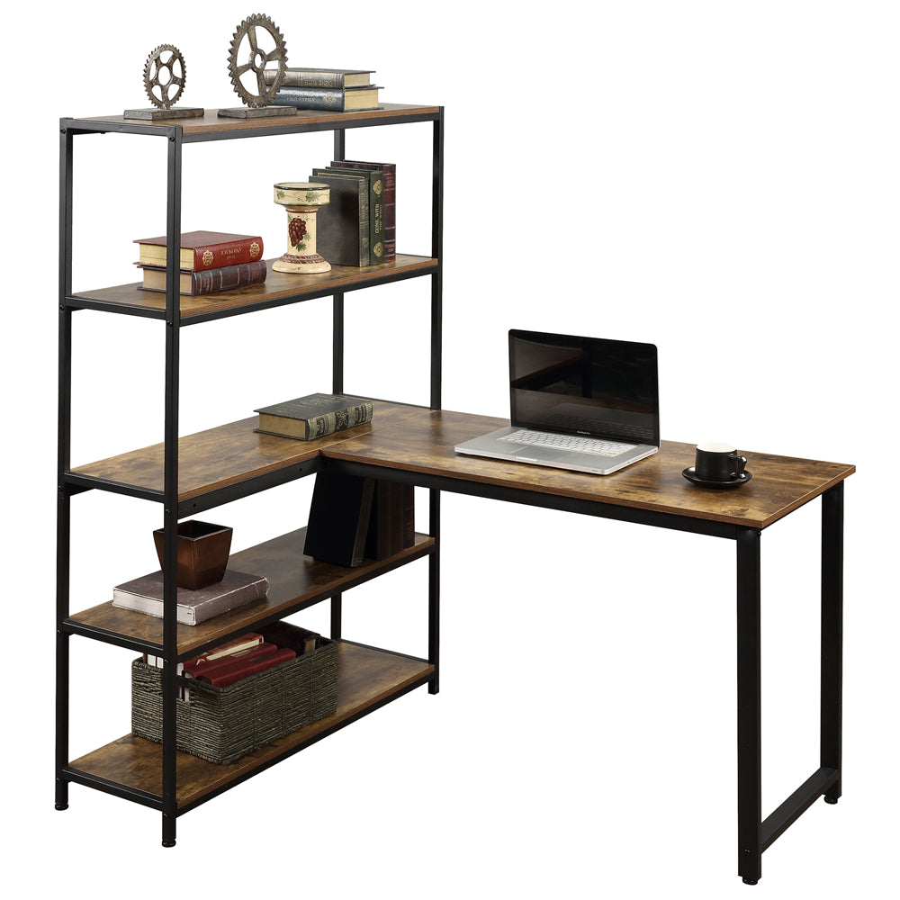 Black Home Office Two Person Computer Desk with Storage Shelves Brown YL000002