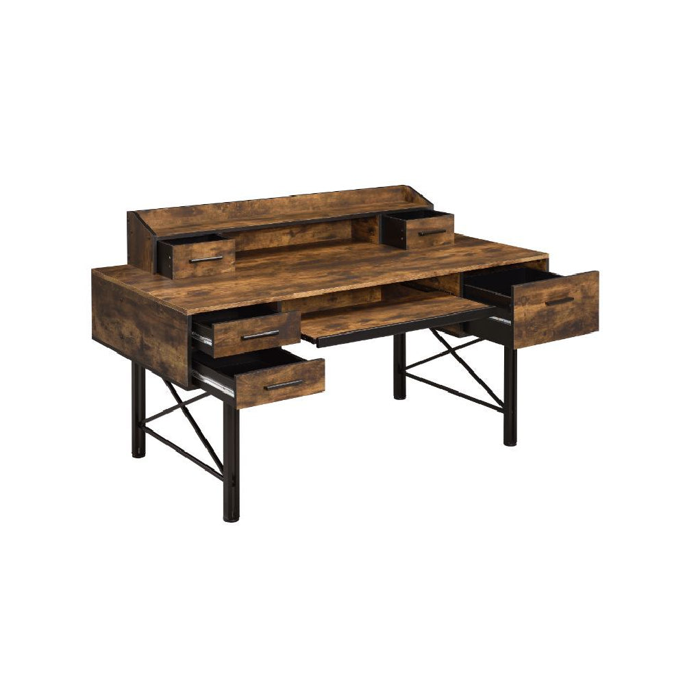 5 Storage Drawers Rectangular Computer Desk With 1 Tier Shelf Above Table Top Weathered Oak & Black