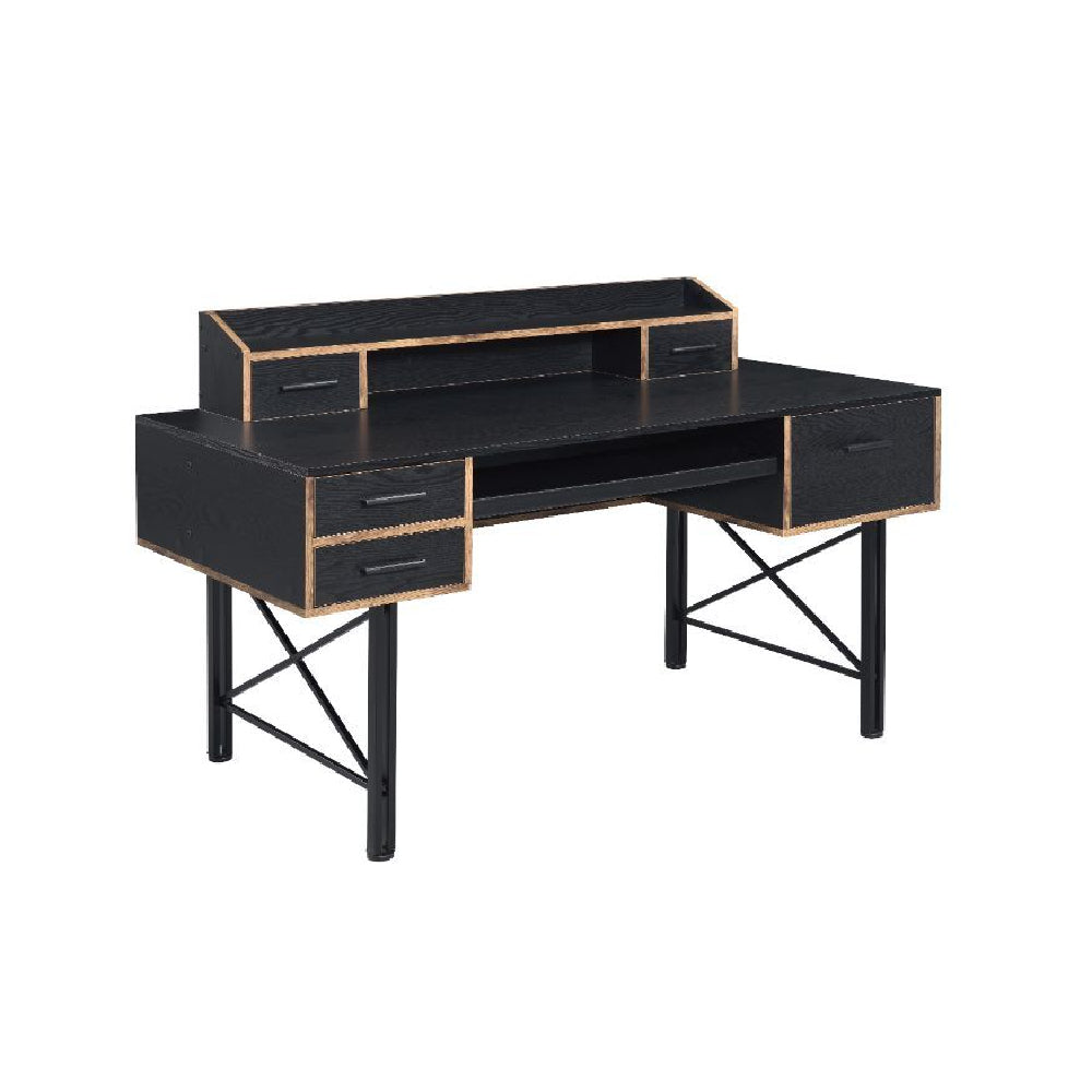 5 Storage Drawers Rectangular Computer Desk With 1 Tier Shelf Above Table Top Black