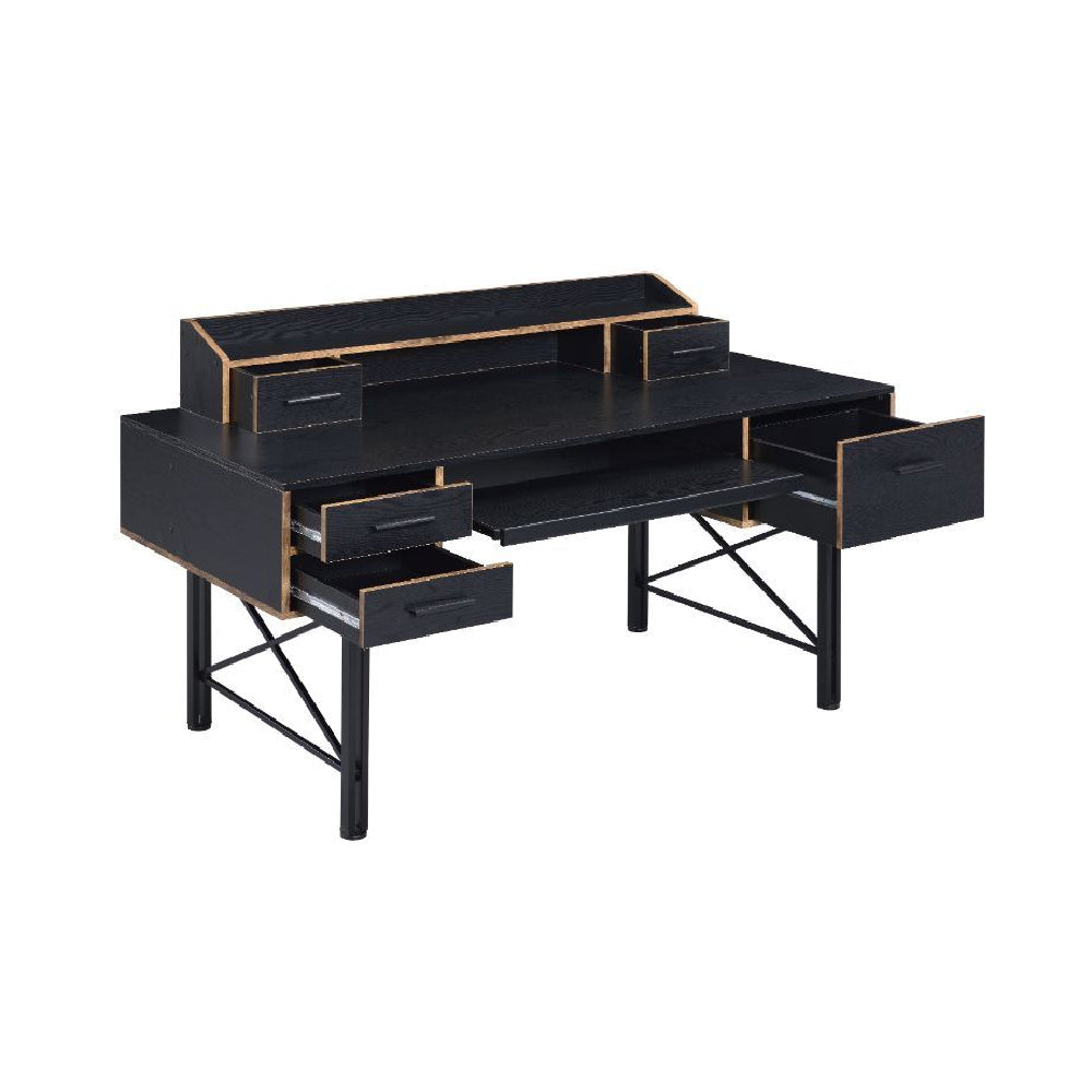 5 Storage Drawers Rectangular Computer Desk With 1 Tier Shelf Above Table Top Black
