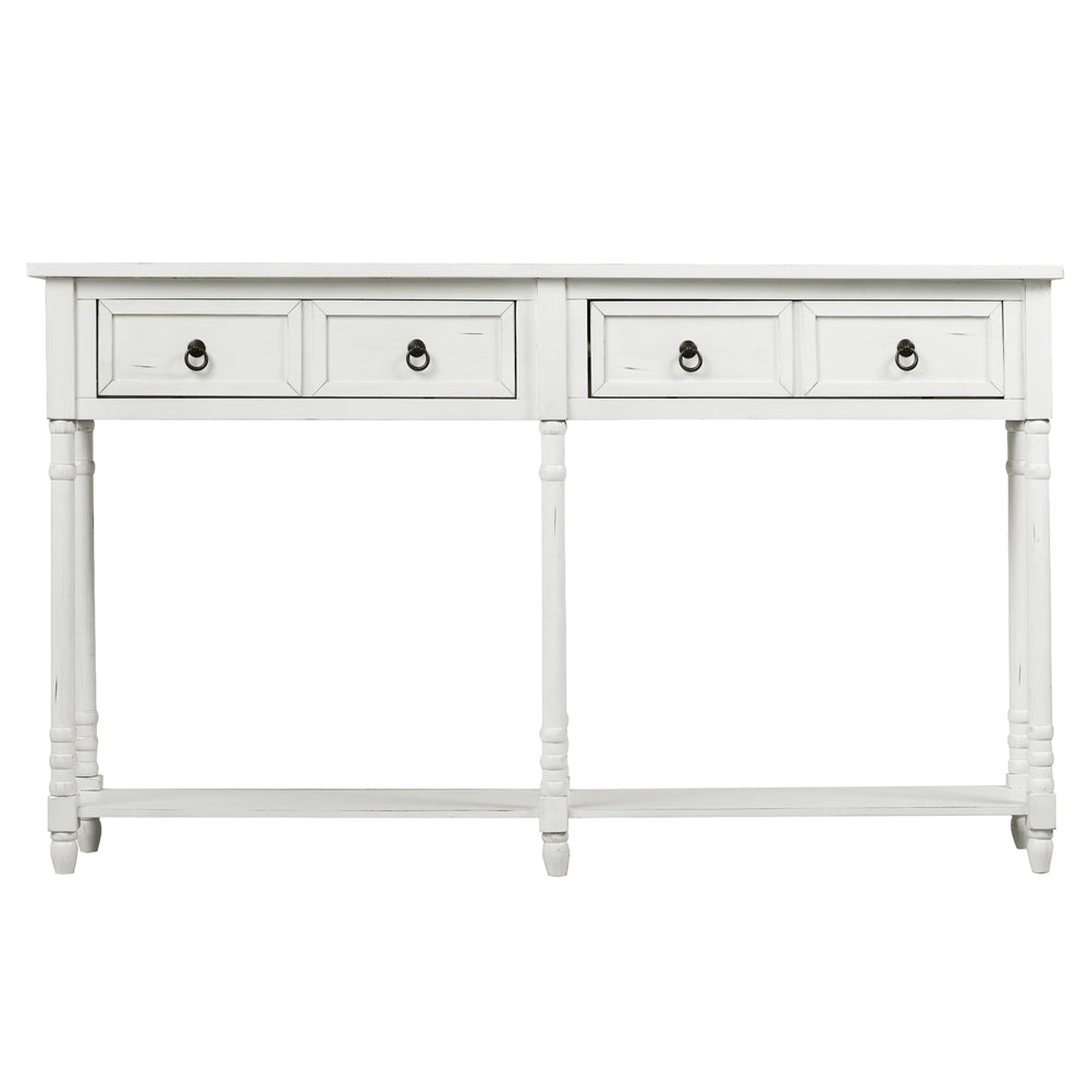 Rectangular Console Table Sofa Table with Drawers and Long Shelf Antique White