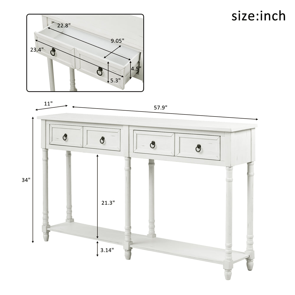 Rectangular Console Table Sofa Table with Drawers and Long Shelf Antique White - Size