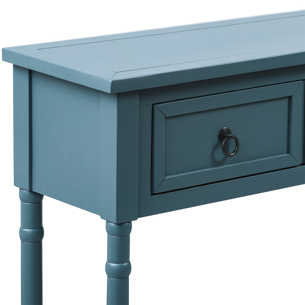 Rectangular Console Table Sofa Table with Drawers and Long Shelf Antique Navy
