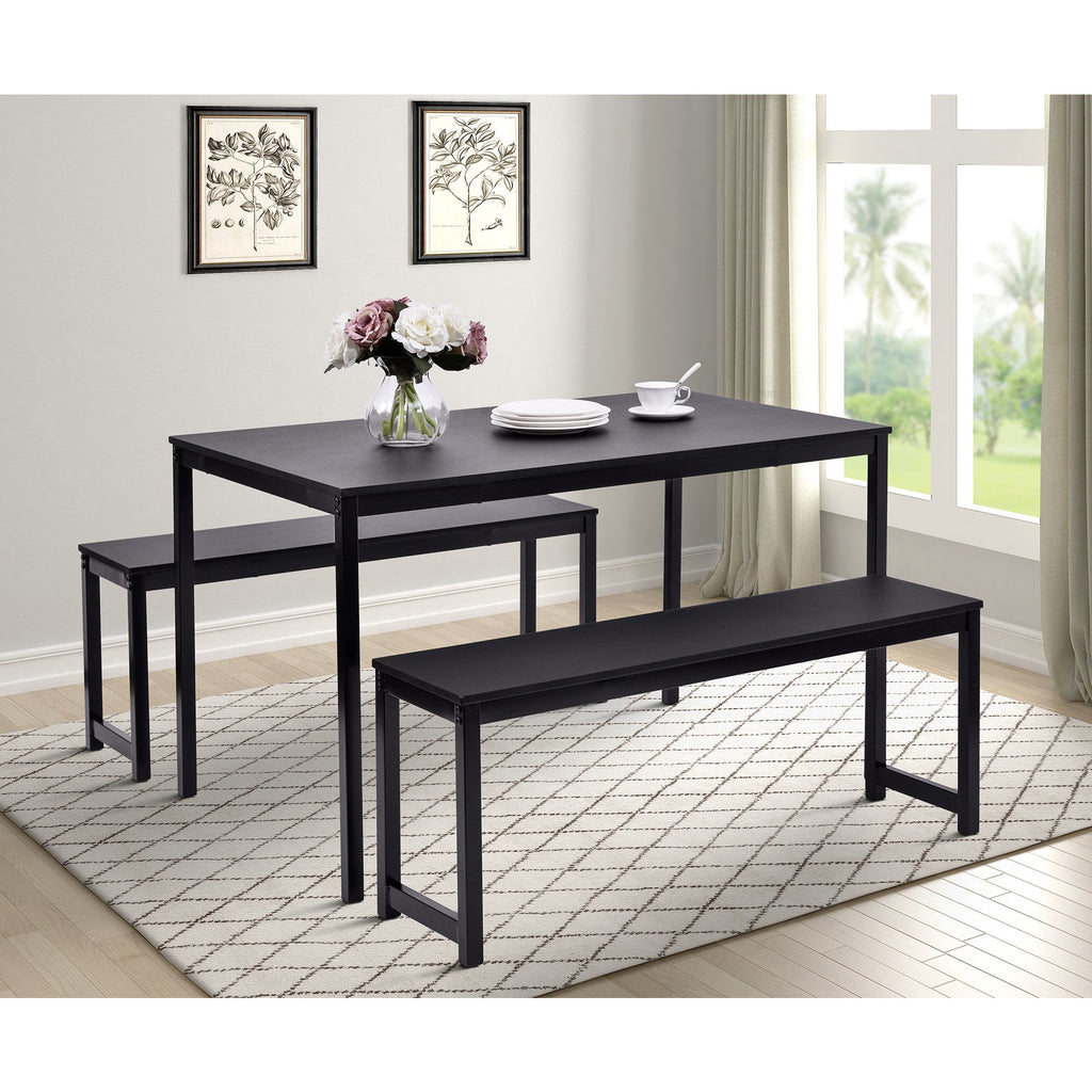 3 Counts - Dining Set with Two benches, Modern Dining Room Furniture - Black