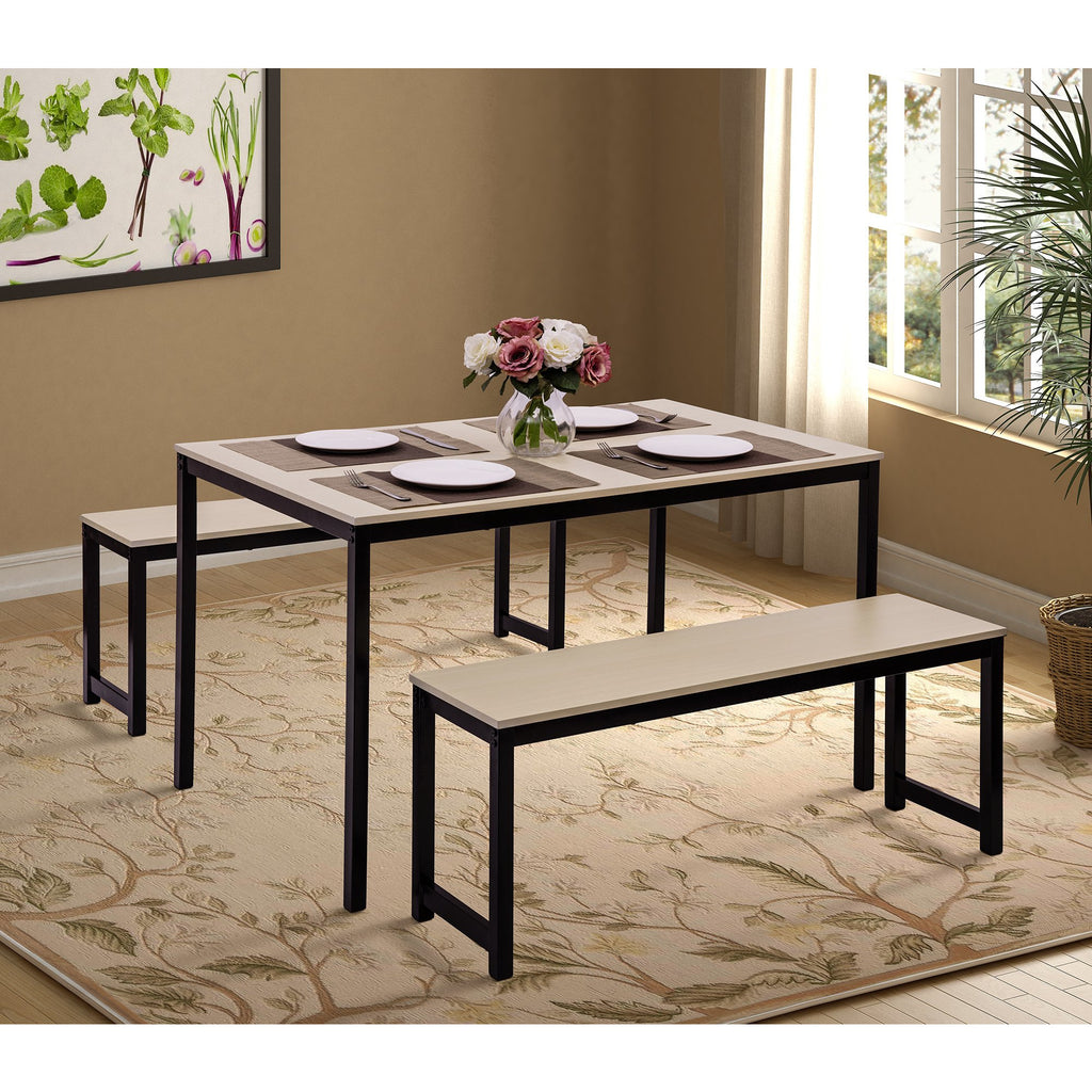 3 Counts - Dining Set with Two benches, Modern Dining Room Furniture - Beige