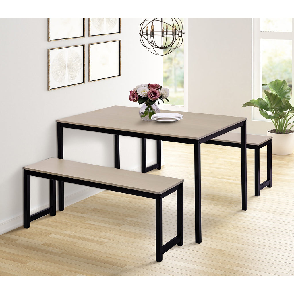 3 Counts - Dining Set with Two benches, Modern Dining Room Furniture - Beige