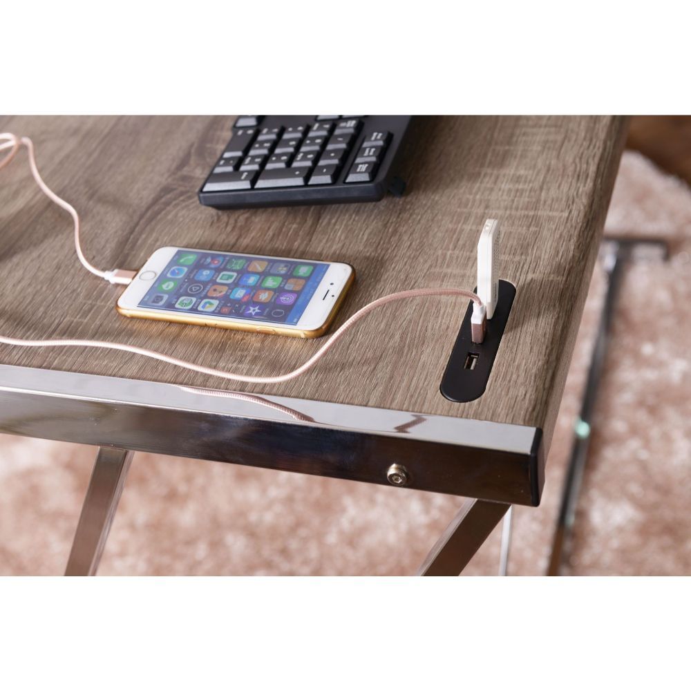 USB Charging Dock Desk With Metal "Z" Shape Frame in Weathered Oak & Chrome BH92344