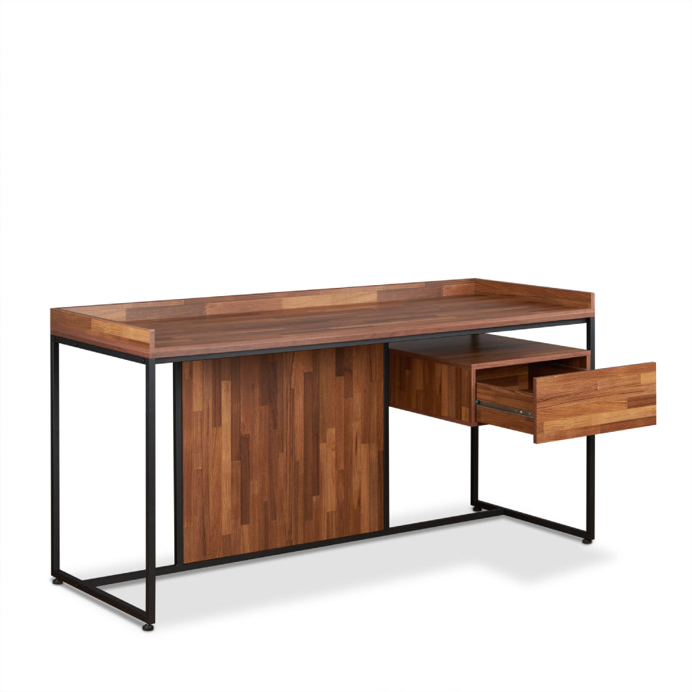 Rectangular Writing Desk With 1 Drawer + Metal Sled Base in Walnut & Sandy Black BH92445
