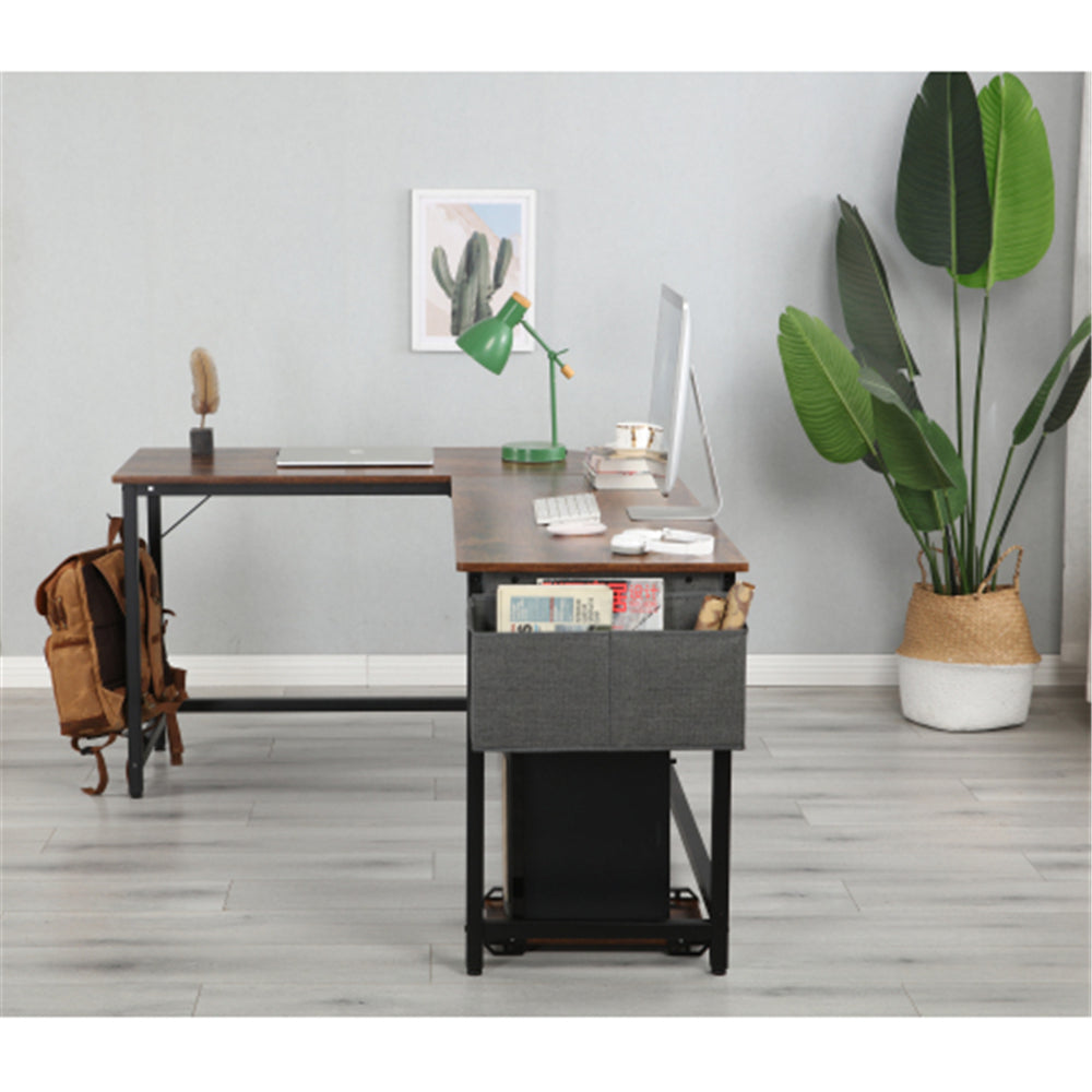 Modern Design L-Shaped Desk Corner Computer Table Home Office Wood & Metal Deep Rustic Brown