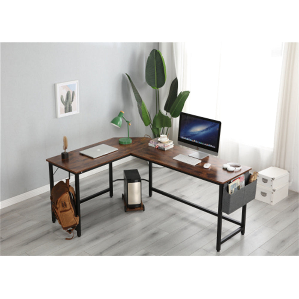 Modern Design L-Shaped Desk Corner Computer Table Home Office Wood & Metal Deep Rustic Brown