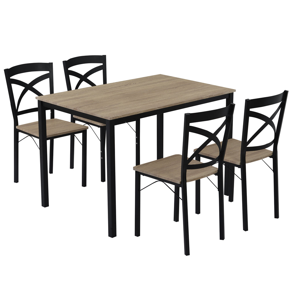 5 Counts - Industrial Wooden Dining Set with Metal Frame and 4 Ergonomic Chairs Oak