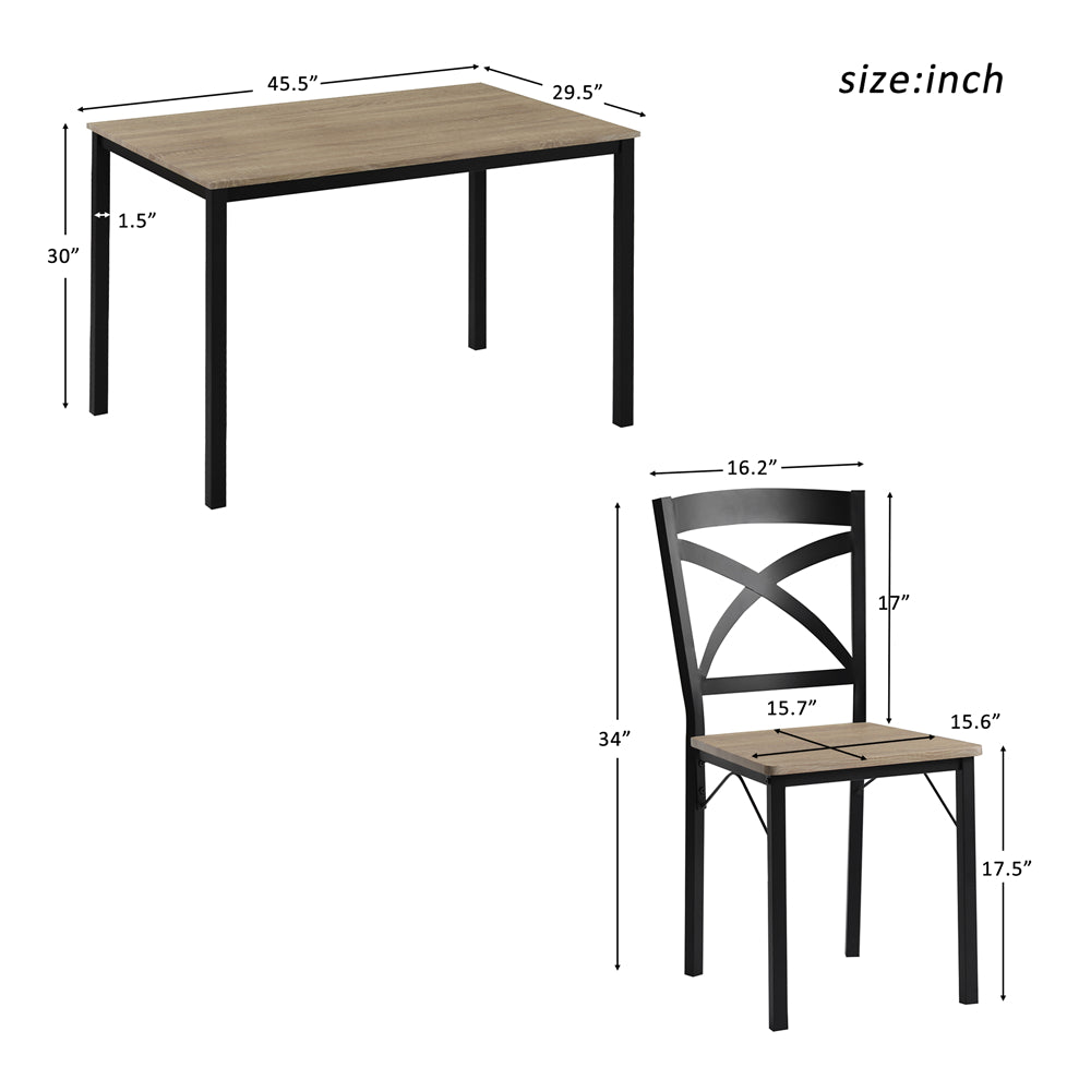 5 Counts - Industrial Wooden Dining Set with Metal Frame and 4 Ergonomic Chairs Oak - Size