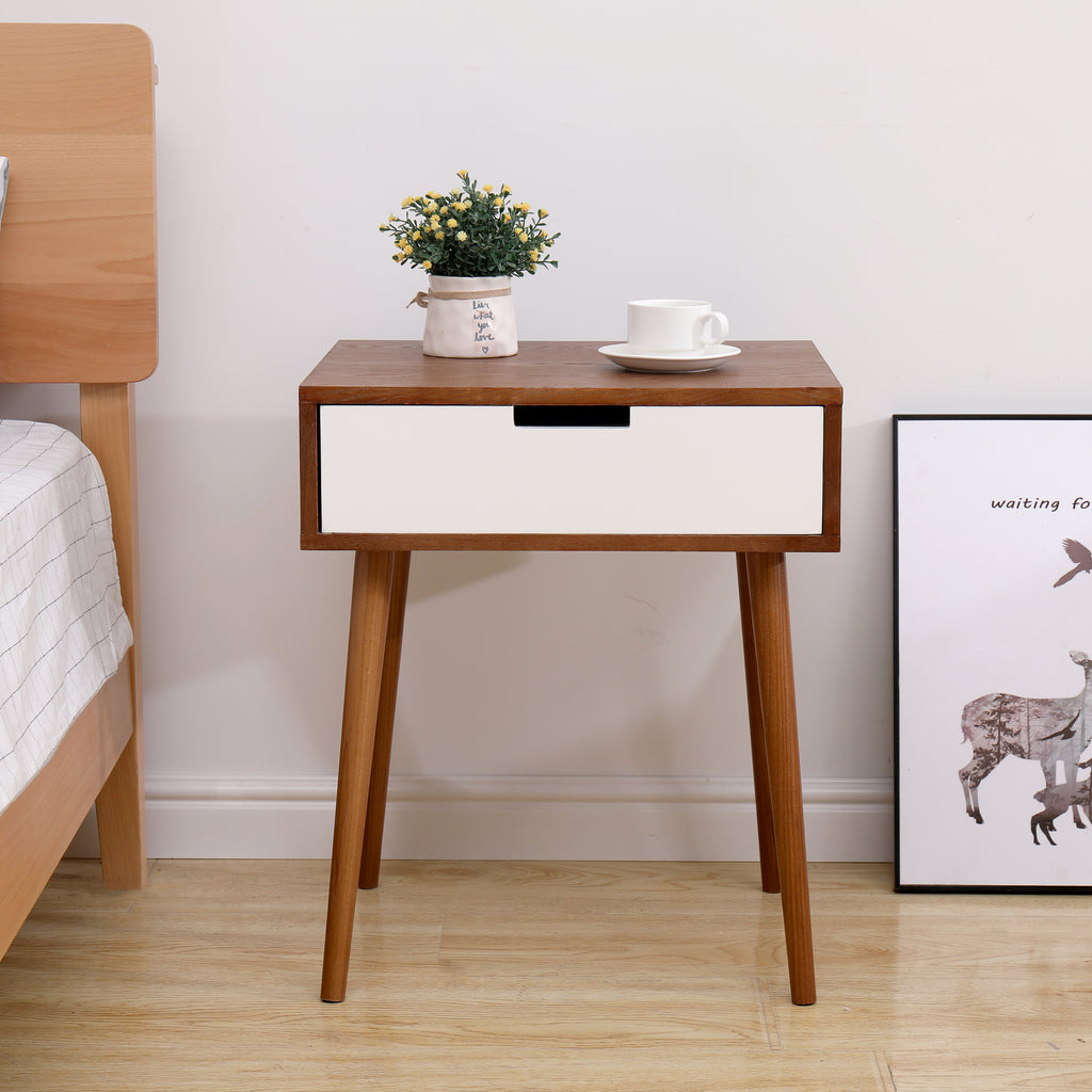 Rosy Brown Side End Table Nightstand with Drawer-Light Fraxinus Mandshurica/White