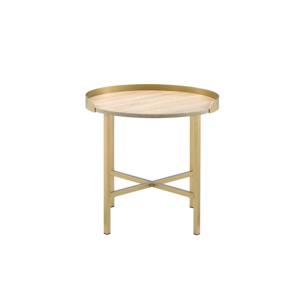 Tray Style Table Top Round End Table Oak & Gold Finish BH82337