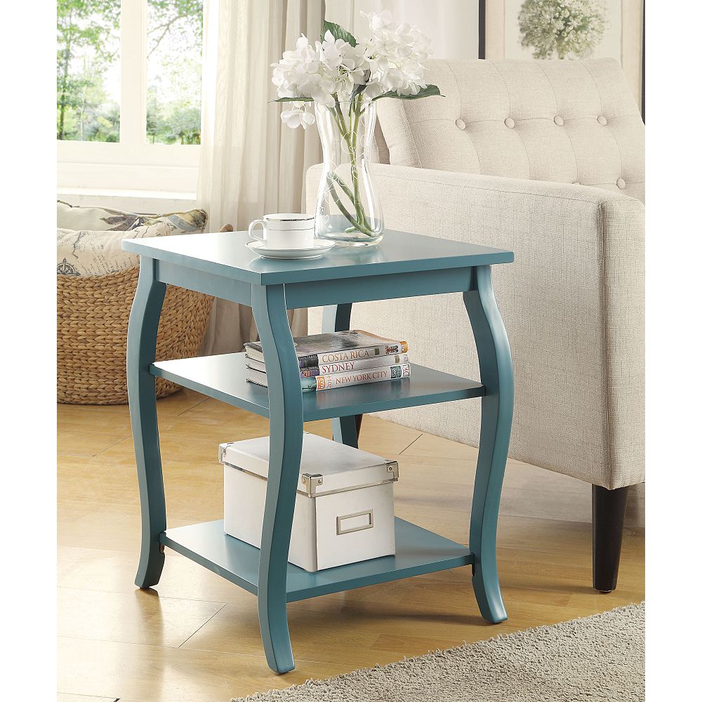 Wooden End Table With 2 Shelves in Teal