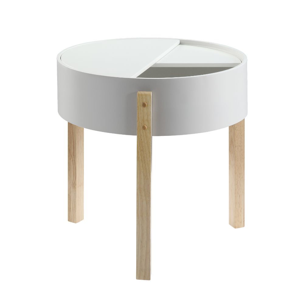 Round End Table w/Hidden Top Compartment White & Natural BH83217