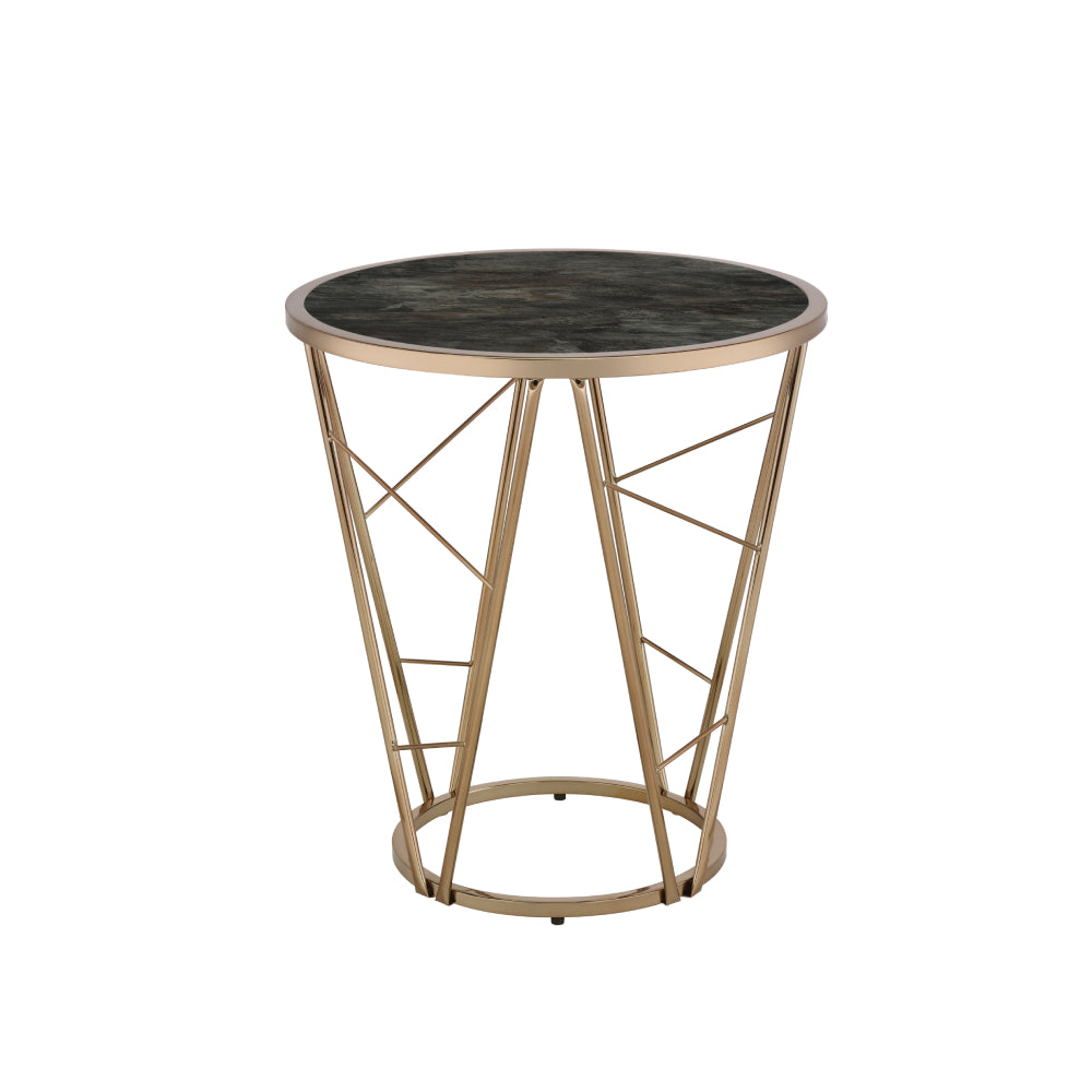 Round End Table With Metal Cone Base Faux Black Marble Glass & Champagne Finish BH83302