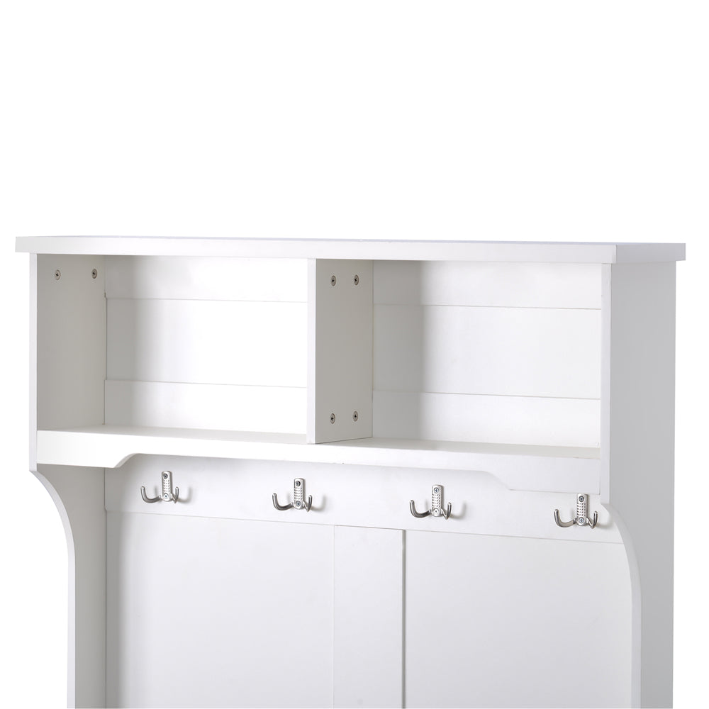 3-in-1 Design Hall Tree Entryway Bench with Shelves Cabinet and Four Hooks White