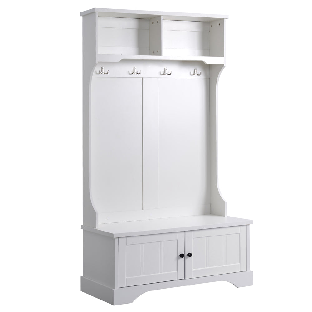 3-in-1 Design Hall Tree Entryway Bench with Shelves Cabinet and Four Hooks White