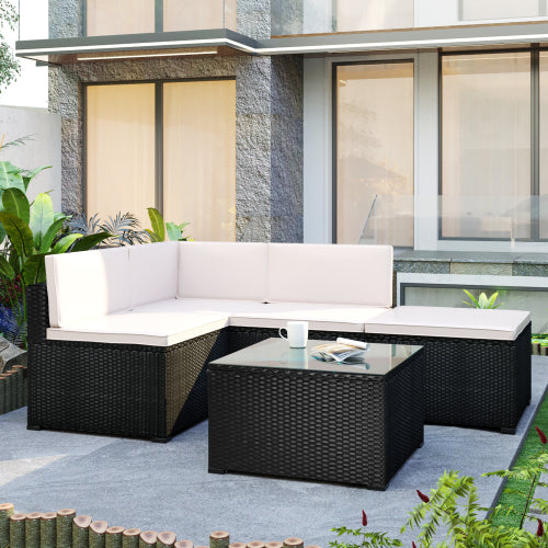 Misty Rose 5-Piece Patio Rattan PE Wicker Furniture Corner Sofa Set, with 2 Sofa chairs, 1 Corner chair, 1 ottoman and 1 glass coffee table, Sectional Sofa Chair, Seating, Lying(Black Wicker, Beige Cushion)