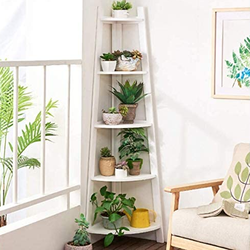 Dim Gray 5-Tier Bamboo Corner Shelves Towels Rack(White)