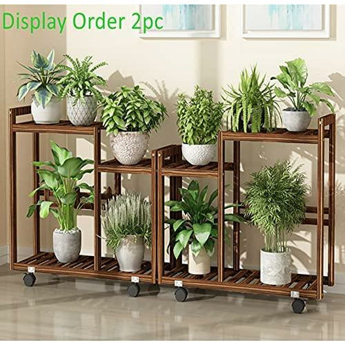 Rosy Brown 2 Tier Pine Wood Plant Stand Garden Cart with Caster Tall Planters Flower Pot Shelf Display Rack