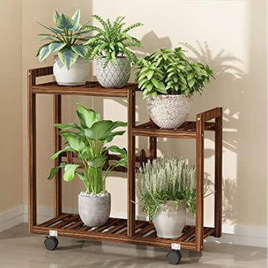 Rosy Brown 2 Tier Pine Wood Plant Stand Garden Cart with Caster Tall Planters Flower Pot Shelf Display Rack