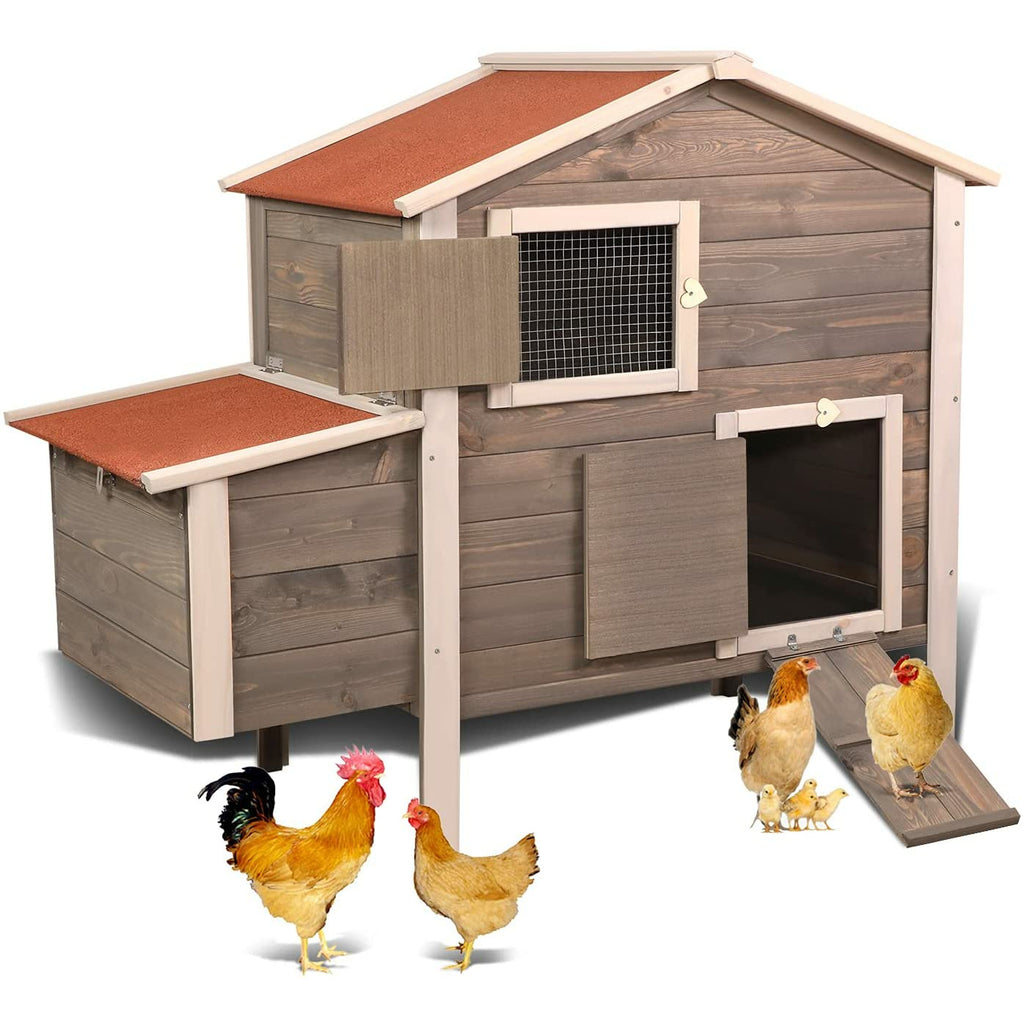 Dim Gray 50" H Garden Backyard Wooden Chicken Coop Multi-Level Hen House with Ramp, Removable Tray & Ventilation Door Nesting Box
