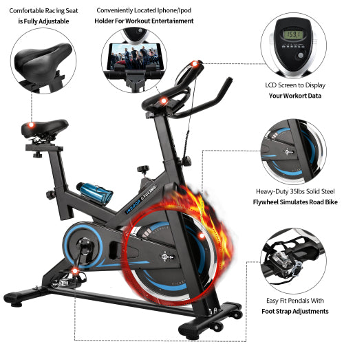 Brown Indoor Cycling Bike Trainer with Comfortable Seat Cushion with LCD Monitor, Water Bottle Holder and Soft Saddle