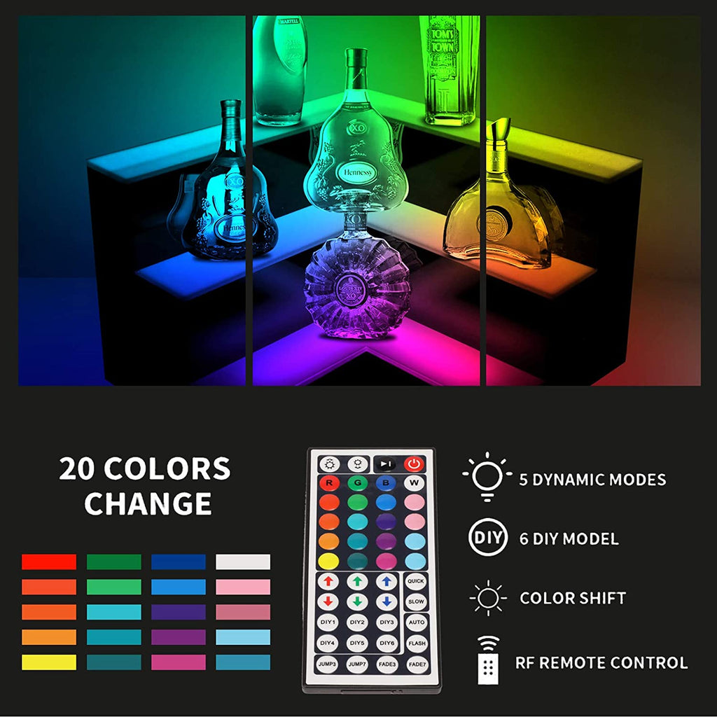Blue Violet 3-Tier LED Liquor Shelf Display Dynamic Color 20 Color Change Bottle Display, L Shape