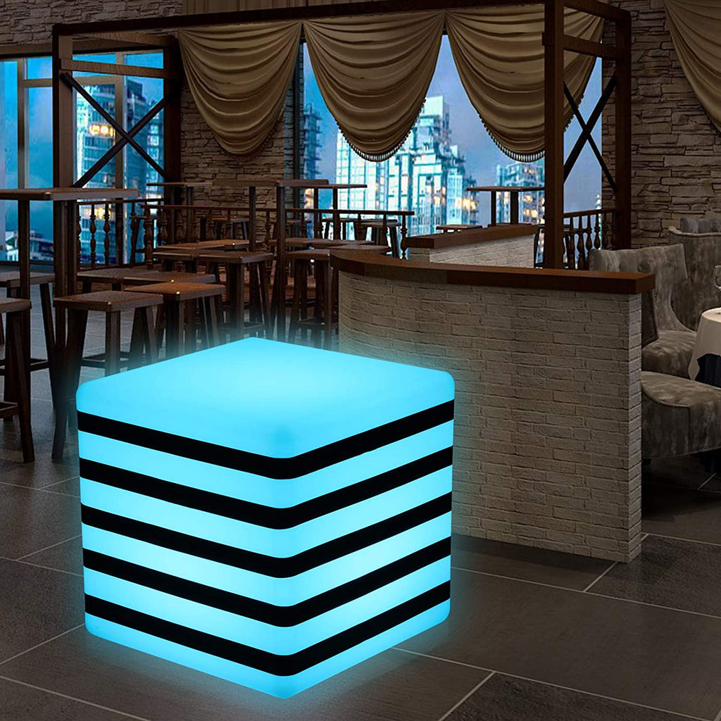 Light Sky Blue 16 Color Changing LED Light Up Furniture Chair Cube Ball Night Light Bar Stool Serving Tray Bucket Pot (16-inch Cube with Striped)