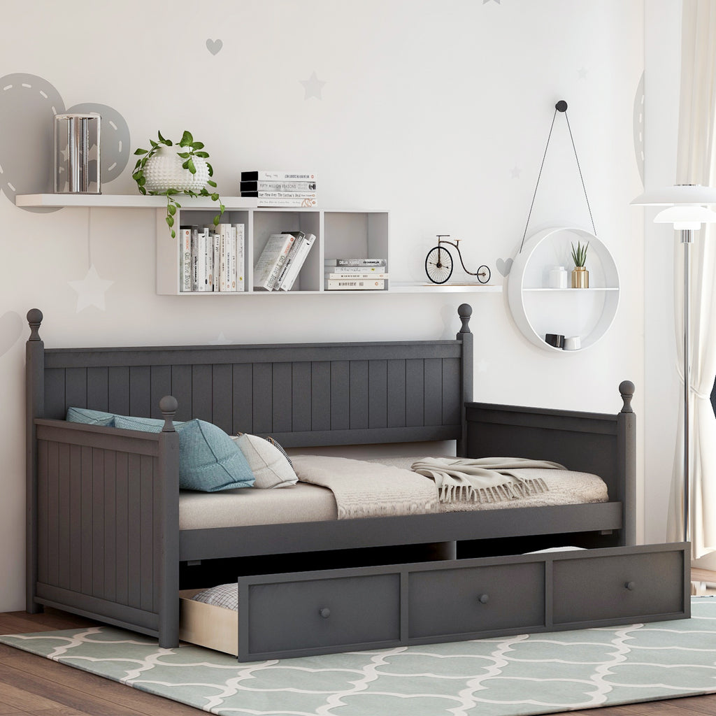 Dark Slate Gray Wood Daybed with Three Drawers, Twin Size Daybed, No Box Spring Needed