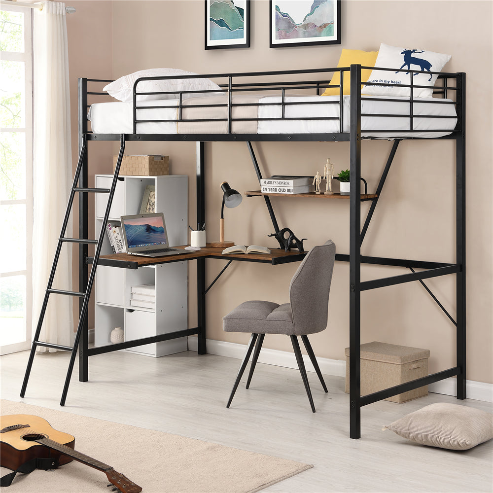 Metal Loft Bed with L-shaped Desk and Shelf SM001105 Black