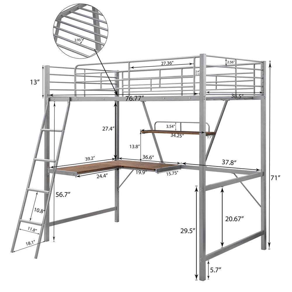 Metal Loft Bed with L-shaped Desk and Shelf SM001105 Silver - Size
