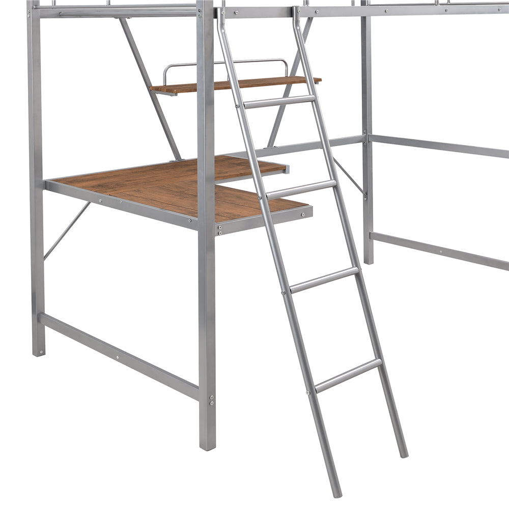 Metal Loft Bed with L-shaped Desk and Shelf SM001105 Silver