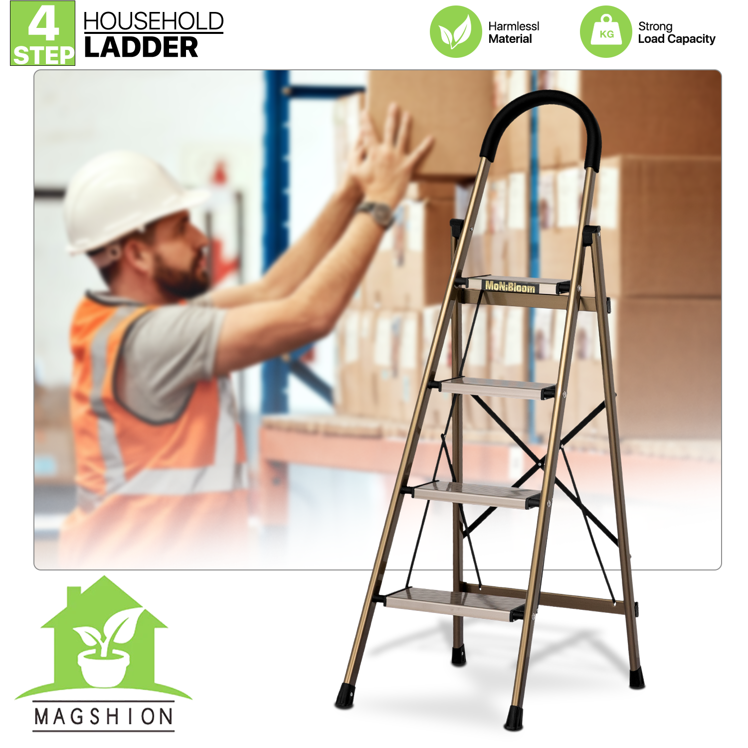 U Form Ladder U-Shaped Padded Handle Folding Step Ladder - 4 Steps 4.74 ft/56.9