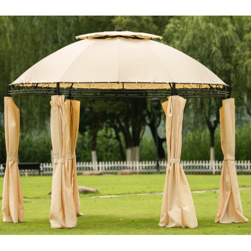 Dark Khaki Outdoor Gazebo Steel Fabric Round Soft Top Gazebo, Outdoor Patio Dome Gazebo with Removable Curtains