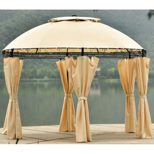 Tan Outdoor Gazebo Steel Fabric Round Soft Top Gazebo, Outdoor Patio Dome Gazebo with Removable Curtains