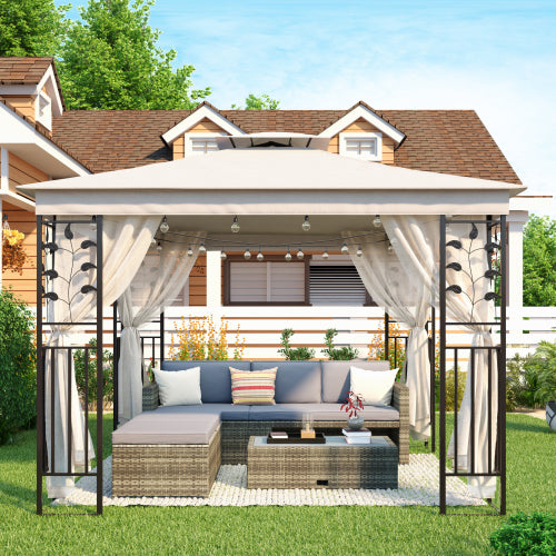 Seashell 9.8Ft. Wx8.8Ft. H Outdoor Steel Vented Dome Top Patio Gazebo with Netting for Backyard, Poolside and Deck