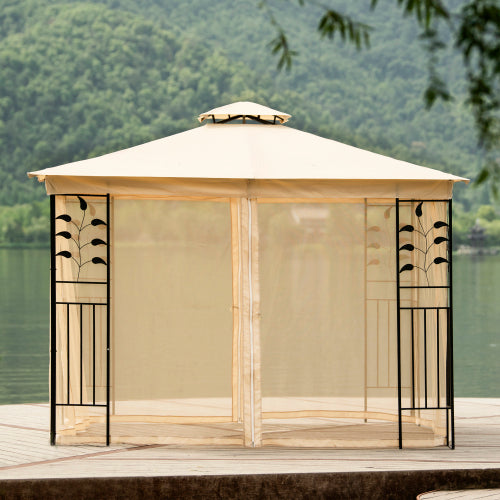 Tan 9.8Ft. Wx8.8Ft. H Outdoor Steel Vented Dome Top Patio Gazebo with Netting for Backyard, Poolside and Deck