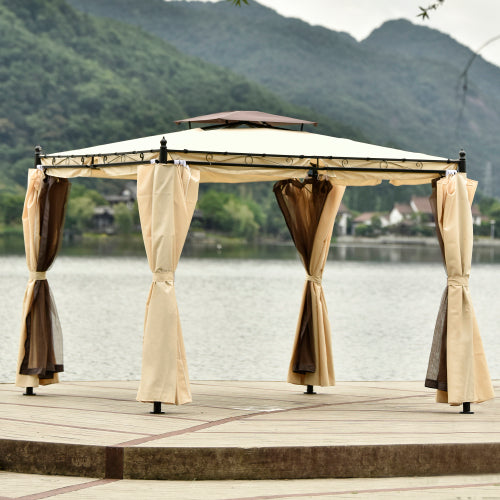 Tan Outdoor Patio Gazebo with Mosquito nets and Polyester Curtains, Double Roofs for Decks, Poolsides, Gardens,9.3ft.Wx8.5ft, Beige