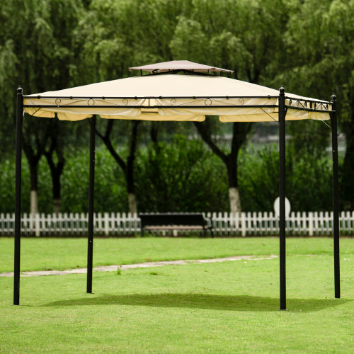 Dark Slate Gray Outdoor Patio Gazebo with Mosquito nets and Polyester Curtains, Double Roofs for Decks, Poolsides, Gardens,9.3ft.Wx8.5ft, Beige