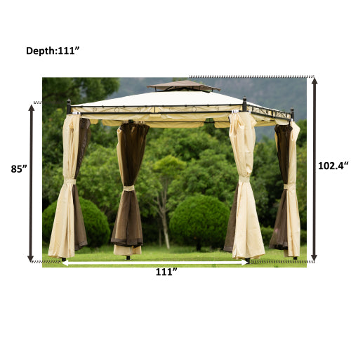 Dark Olive Green Outdoor Patio Gazebo with Mosquito nets and Polyester Curtains, Double Roofs for Decks, Poolsides, Gardens,9.3ft.Wx8.5ft, Beige