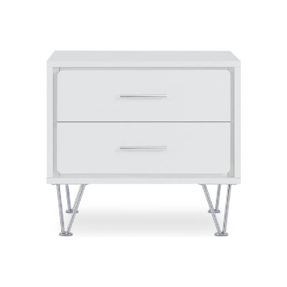 Rectangular Wooden Night Table With Metal "V" Shape Legs in White BH97332
